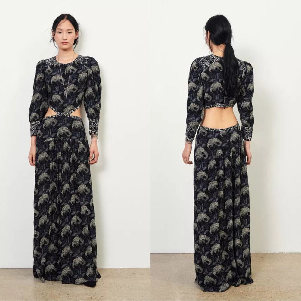 ba&sh Black and Gray Floral-Print Cutout Maxi Dress